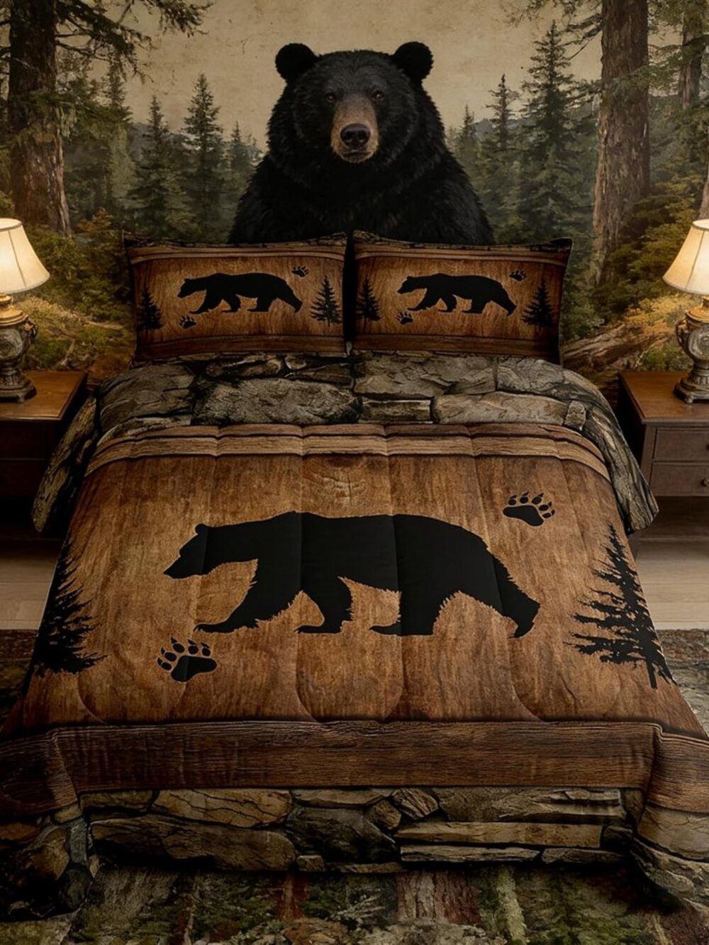 Rustic Bear Comforter Set Queen Size,Wild Animal Hunting Bedding Set 3pcs,Farmho
